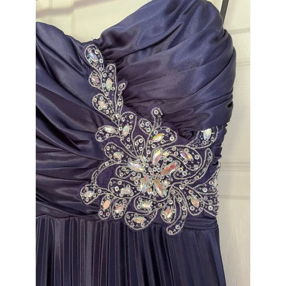 B Darlin Formal Maxi Evening Dress Navy Bridesmaid Prom Holiday Beaded Strapless - Picture 3 of 9